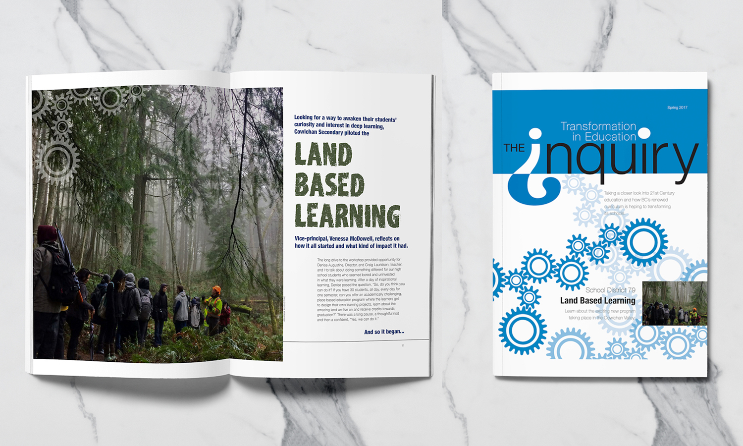 Mockup of education magazine. Outside cover on the right hand side and centre spread on left.